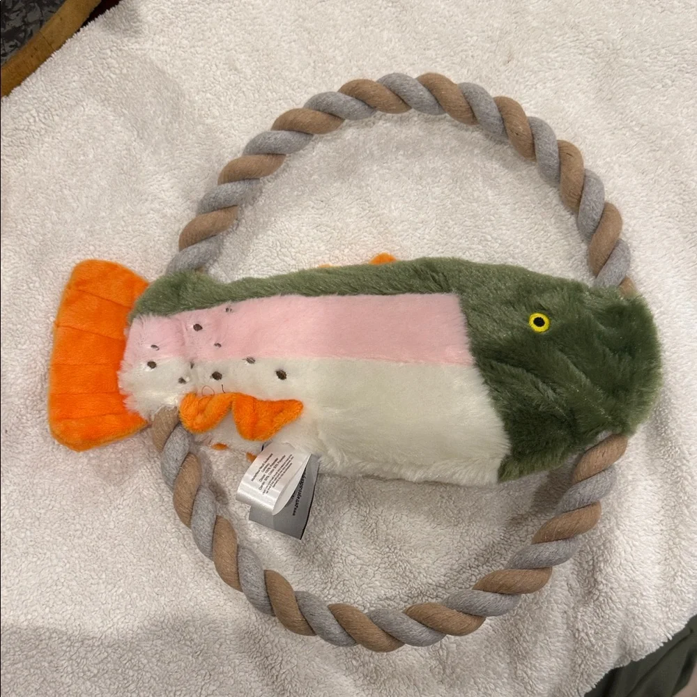 Eddie Bauer Green and Orange Fish Dog Toy with squeaker and crinkle